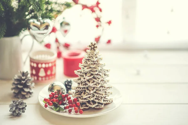Natal Ano Novo Ainda Vida Com Ornamentos Mesa Branca Rústica — Fotografia de Stock