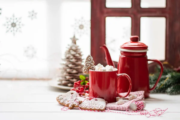 Vintage Jul Bakgrund Julfrukost Mot Vinterfönster Kopp Kaffe Kaffepanna Och — Stockfoto