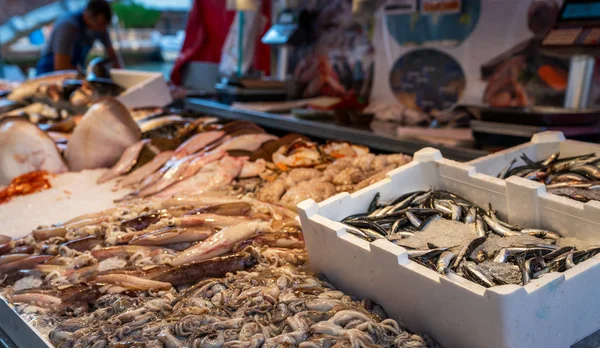 Mercado Peixe Com Frutos Mar Peixe Produtos Locais Frescos Vendidos — Fotografia de Stock