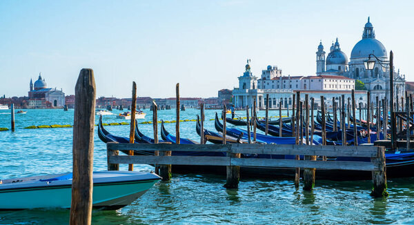Italy beauty. Venice. View of a Grand Canal. Typical famous gondolas in Venice. Picturesque landscape.