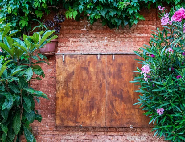 Caixa Madeira Velha Uma Parede Tijolo Vintage Com Flores Veneza — Fotografia de Stock