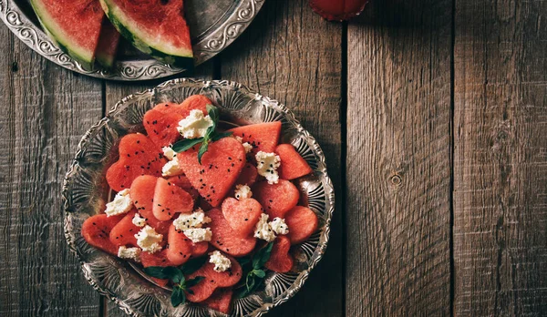 Frischer Sommer Wassermelonen Salat Mit Feta Käse Rucola Zwiebeln Auf — Stockfoto