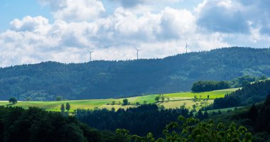 Manzaralı dağ manzarası. Kara Orman, Almanya, sisle kaplı. Renkli seyahat arkaplanı.