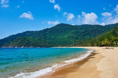 Rahatla kumsal. Tropik altın kum plajı. Gezginler Malezya 'daki Tioman Adası' nda tropikal plaj tatilinin tadını çıkarırlar. Yaz, tatil, açık hava gezisi konsepti.