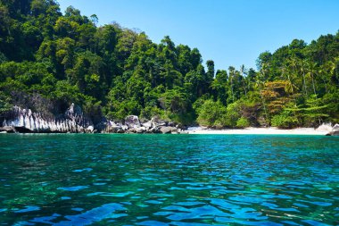 Tropikal manzara Wiev. Malezya 'daki Tioman adasının mükemmel beyaz kumları, palmiye ağaçları, turkuaz suyu ve derin mavi gökyüzü. Idyllic manzara. Yaz tatili ve tropikal plaj konsepti.