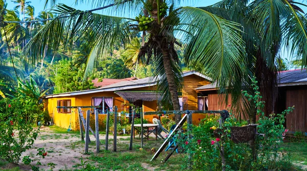 Tropikal Sahilde Ahşap Kulübeler Arka Planda Tropik Bahçeler Yaz Tatili — Stok fotoğraf