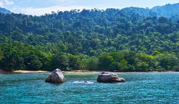 热带天堂海滩与白色的沙子和蓝天碧绿的水和花岗岩岩石旅游背景的概念 马来西亚蒂奥曼岛天堂海滩上令人惊奇的热带假日 — 图库照片