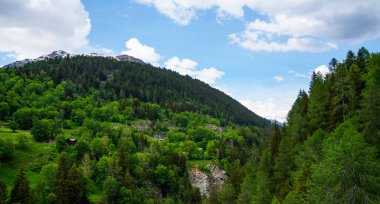 Dağların panoramik manzarası. Turist treni. Arka planda Alpler karla kaplıydı. İsviçre, Avrupa.