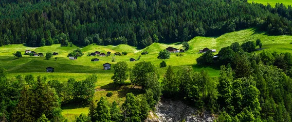 Paisagem Alpina Idílica Com Fazenda Tradicional Prados Verdes Frescos Flores — Fotografia de Stock