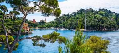 Muhteşem körfezi, Akdeniz bahçesindeki lüks villaları, kayaları ve tekneleri, muhteşem tatil beldesindeki yatları, Portofino 'yu, Liguria' yı, İtalya 'yı, Avrupa' yı gösteren manzara resmi..