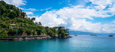 Muhteşem körfezi, Akdeniz bahçesindeki lüks villaları, kayaları ve tekneleri, muhteşem tatil beldesindeki yatları, Portofino 'yu, Liguria' yı, İtalya 'yı, Avrupa' yı gösteren manzara resmi..