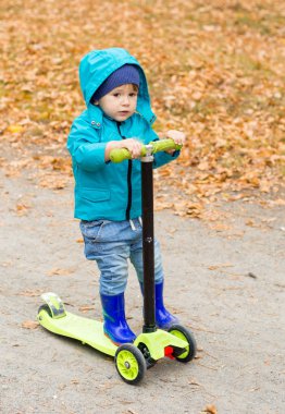 Küçük çocuk su geçirmez ceket ve botları sarı yapraklarda tekme scooter sürme. 
