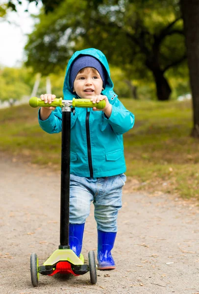 Oynama ve sonbahar Park scooter sürme küçük çocuk