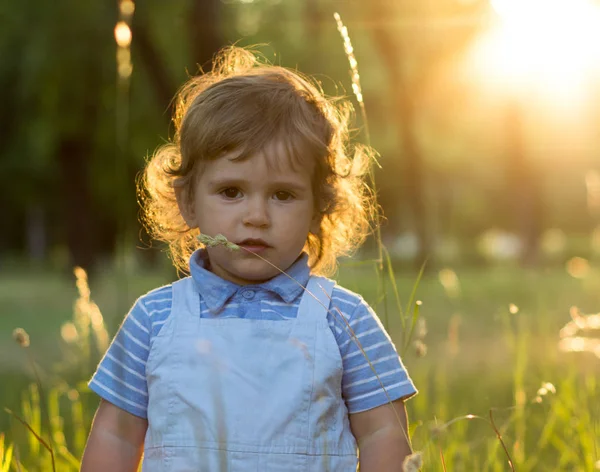 Menino Loiro Feliz Apreciando Pôr Sol Natureza Linda Criança Adorável — Fotografia de Stock