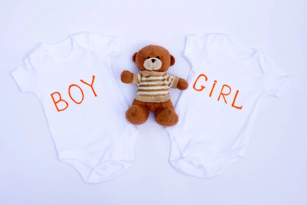 Zwei Weiße Baby Onesies Mit Text Junge Und Text Mädchen — Stockfoto