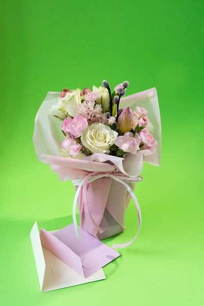 Flowers Romantic Composition Bouquet Tulips Roses Carnations Pink White Colors — Stock Photo, Image