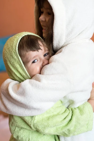 Happy Laughing Children Wearing Bathrobes Staying Bed Bath Shower Children — Stock Photo, Image