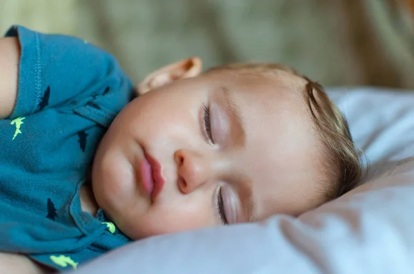 Cute Baby Boy Sleeping Bed Home Toy Free Space — Stock Photo, Image