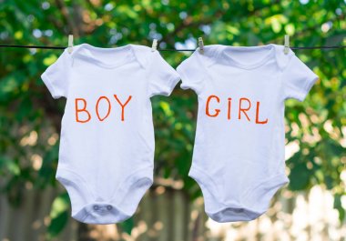 İki bebek bodysuits metin kız clothesline yaz arka plan üzerinde asılı ve metin erkek ile beyaz. Cinsiyet: erkek, kız ya da ikizler?