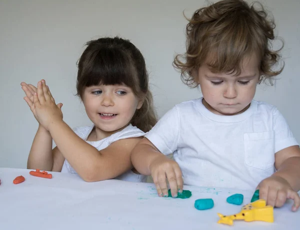 小男孩和女孩玩五颜六色的造型粘土在幼儿园 小孩子在家里成型 学前儿童玩具开发 — 图库照片