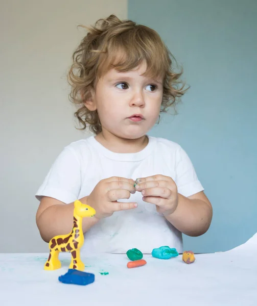 Pequeño Niño Juega Con Pequeños Animales Juguete Plastilina Mientras Está — Foto de Stock