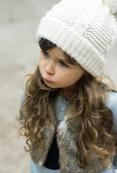 Little Fashionable Child Warm Clothes Beautiful Little Brunette Girl Blue — Stock Photo, Image