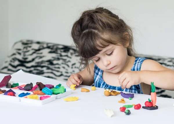 Little Girl Playing Colorful Modeling Clay Kindergarten Little Kid Molding — Stock Photo, Image