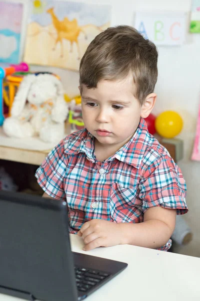 Little Boy Using Notebook Home Kindergarten Education Science Technology Children — Stock Photo, Image