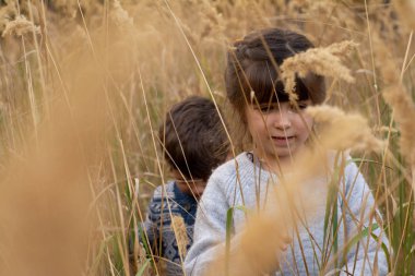 Sahada oynayan mutlu çocuklar. Dost canlısı kardeşler ve yolculuk. 