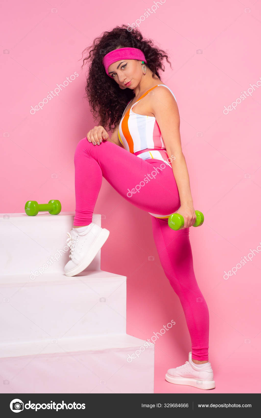 Beautiful Brunette Girl Curly Doing Exercise 80S Fitness Stock Photo by ©textandphoto 329684666