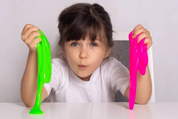 Children Inflates Big Bubble Slime Girl Play Slime — Stock Photo, Image