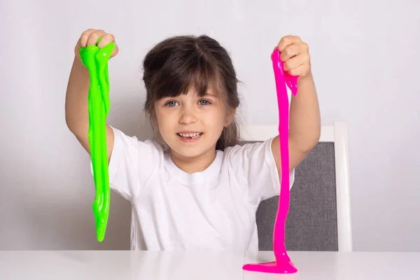 Children Inflates Big Bubble Slime Girl Play Slime — Stock Photo, Image