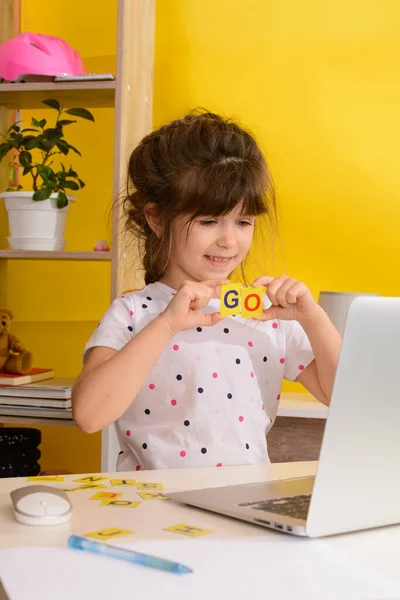 Children Learn English Online Home Homeschooling Distance Education Kids Girl — Stock Photo, Image