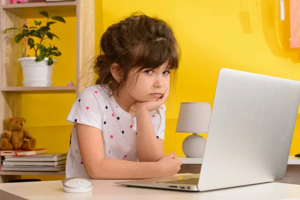 Distance Remote Learning Pupil Want Sleep Tired Schoolgirl Hand Face — Stock Photo, Image