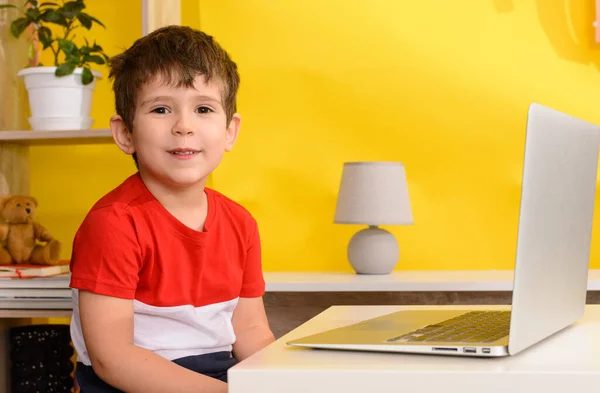 Kindergarten Remote Learning Lessons Kid Boy Using Laptop Online Education — Stock Photo, Image
