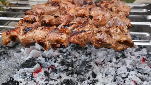 Cozinheiro assados churrasco kebab suculento na lentidão grelha — Vídeo de Stock