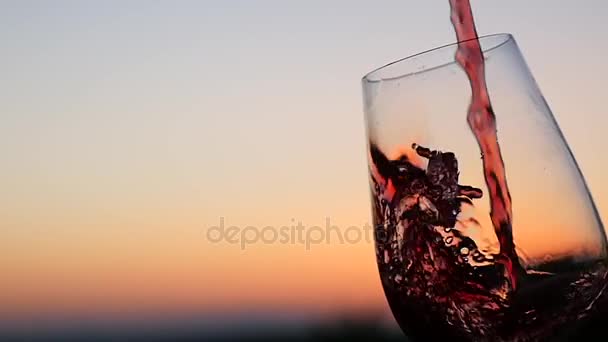 Reichhaltiger Rotwein wird in Ballon-Weinglas gegossen — Stockvideo