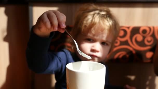男の子の子供がスプーンで食べる — ストック動画