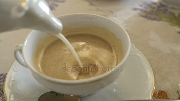 Verter leche en una taza de café — Vídeo de stock
