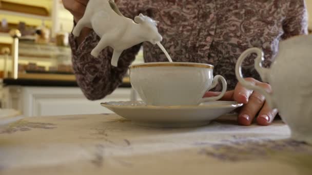 Derramando leite em uma xícara de café — Vídeo de Stock