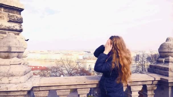 Young woman looking at center of Budapest. — Stock Video