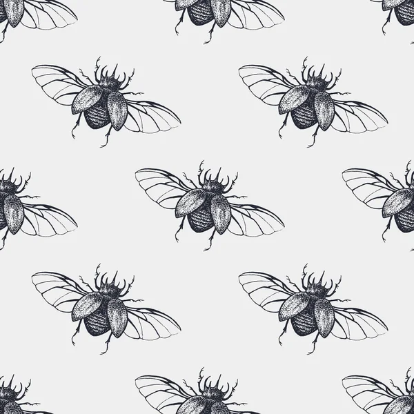 Beetles with wings vintage seamless pattern — Stock Vector