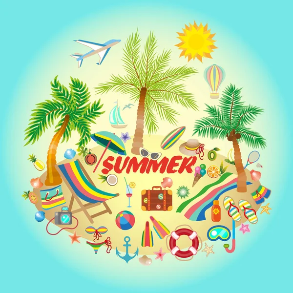 Illustration on a summer holiday theme with paradise island on sea background. — Stock Vector