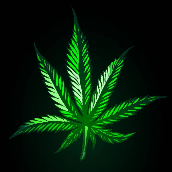 Foglia di cannabis verde su sfondo nero — Vettoriale Stock