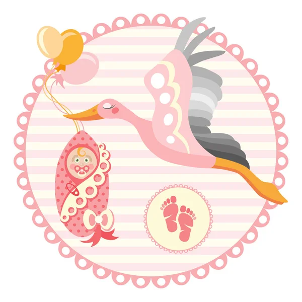 Cigogne portant un bébé mignon. C'est une fille Illustration vectorielle . — Image vectorielle