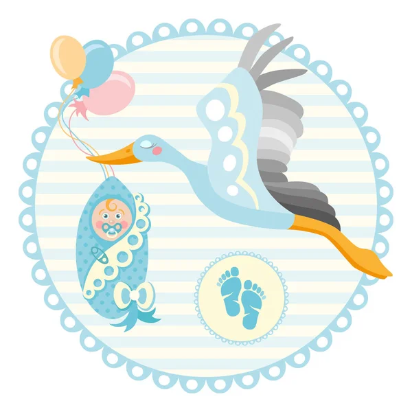 Cigüeña de dibujos animados con bebé. Plantilla de diseño para tarjeta de felicitación — Vector de stock