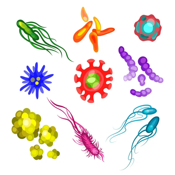 かわいい細菌、ウイルス、生殖の漫画のキャラクターセット。背景に単離された微生物と病原体のベクターアイコン. — ストックベクタ