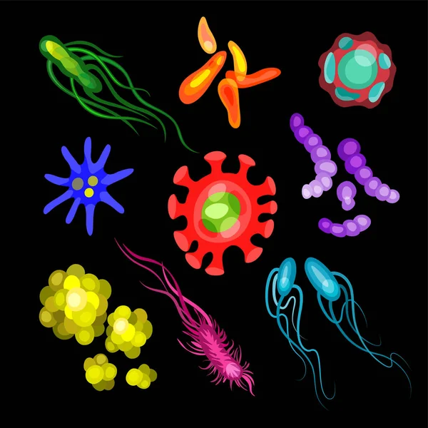 Bacterias lindas, virus, conjunto de personajes de dibujos animados gérmenes. Iconos vectoriales de microbios y patógenos aislados sobre fondo . — Archivo Imágenes Vectoriales