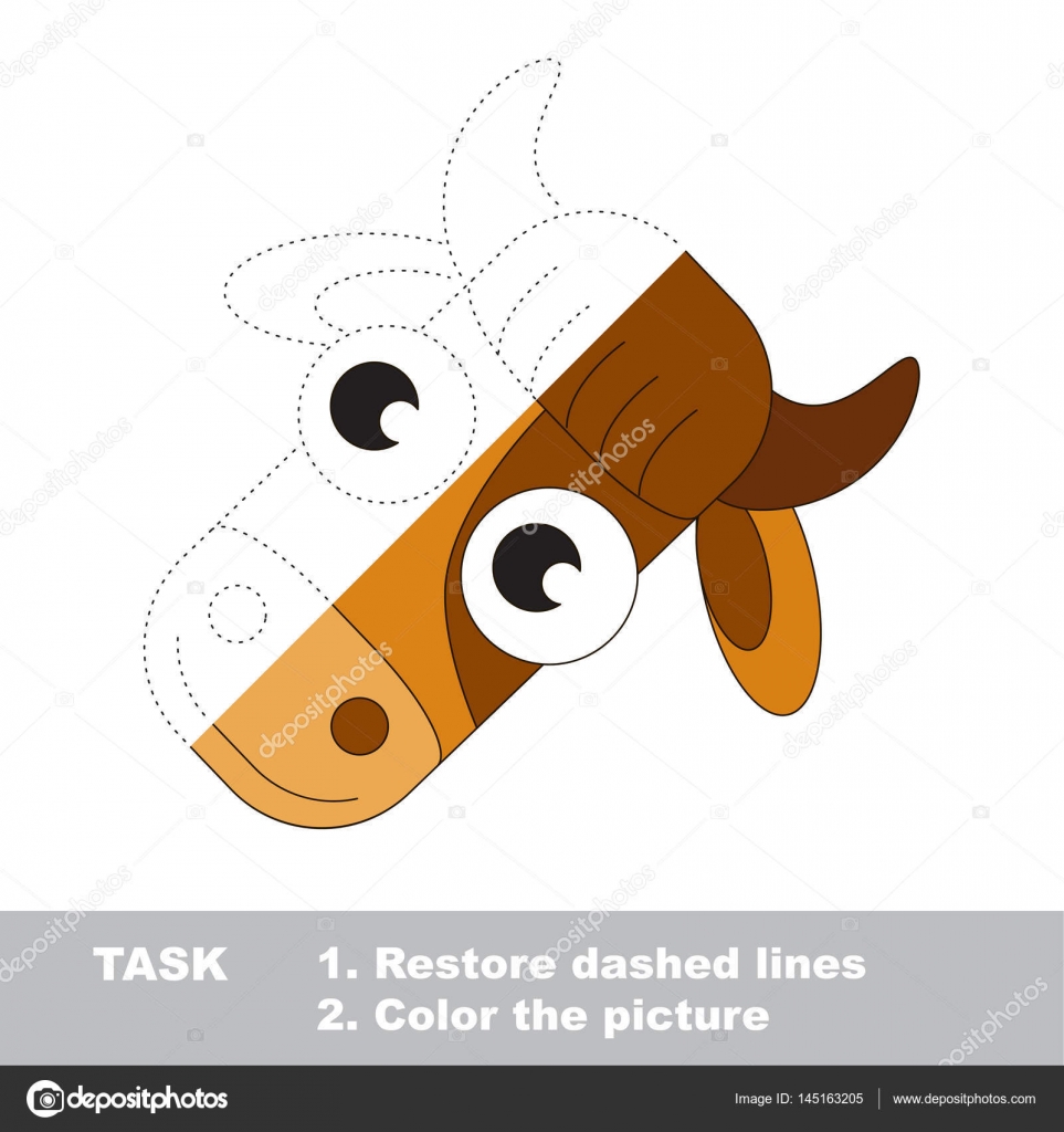 Mucca marrone testa viso Puntino per punteggiare gioco educativo per bambini Tracciare la met  incolore e il colore dell immagine — Vettoriali di