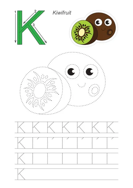 Trace spel voor letter K. Kiwi. — Stockvector